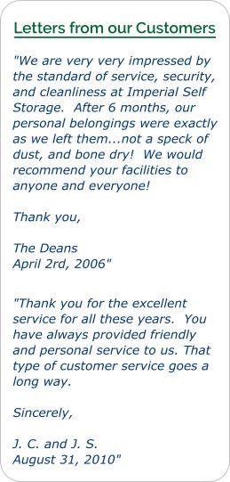 Customer letter of recommendation for Imperial Self Storage